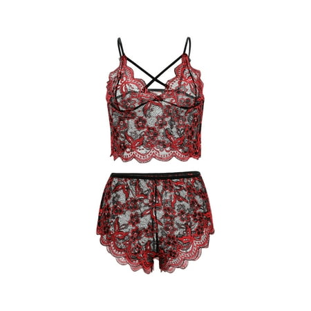 

LSFYSZD Women Sexy Lingerie Camisole Tops + Briefs See-through Cross Strap Decoration Flower Clothing