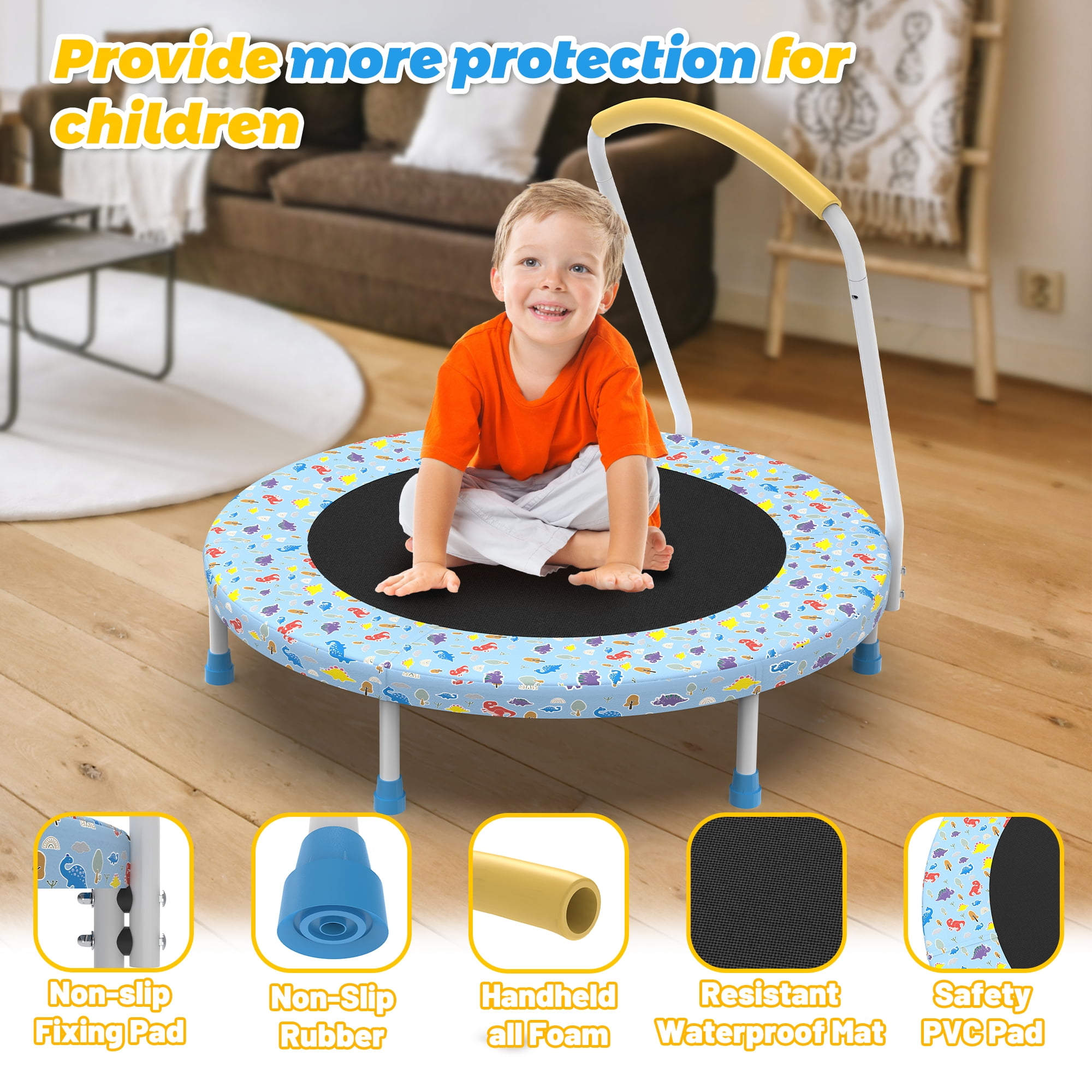 Mersco 36" Trampoline for Kids Indoor Trampoline with Handle for 2+ Years Kids Print Blue