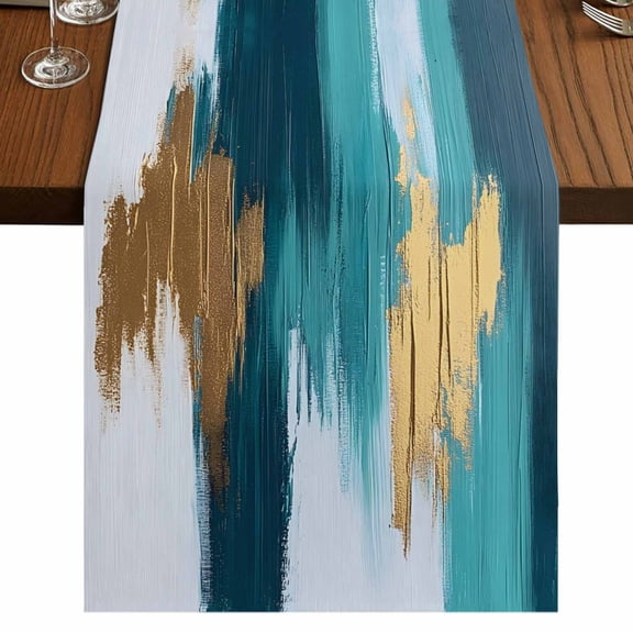 Modern Teal Green 36 Inch Table Runner, Abstract White Gold Oil Painting Farmhouse Dresser Scarf Cotton & Linen Tablerunner for Dining/Kitchen Island/Holiday Party Décor Small 13" x 36"