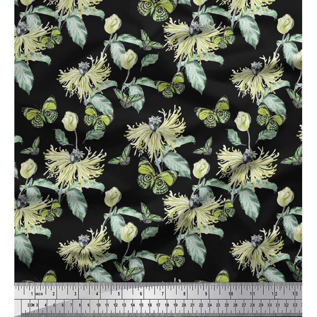 Soimoi Tissu en Velours Vert Feuilles, Insectes & Imprimé Floral Vert au Mètre 58 Pouces de Large