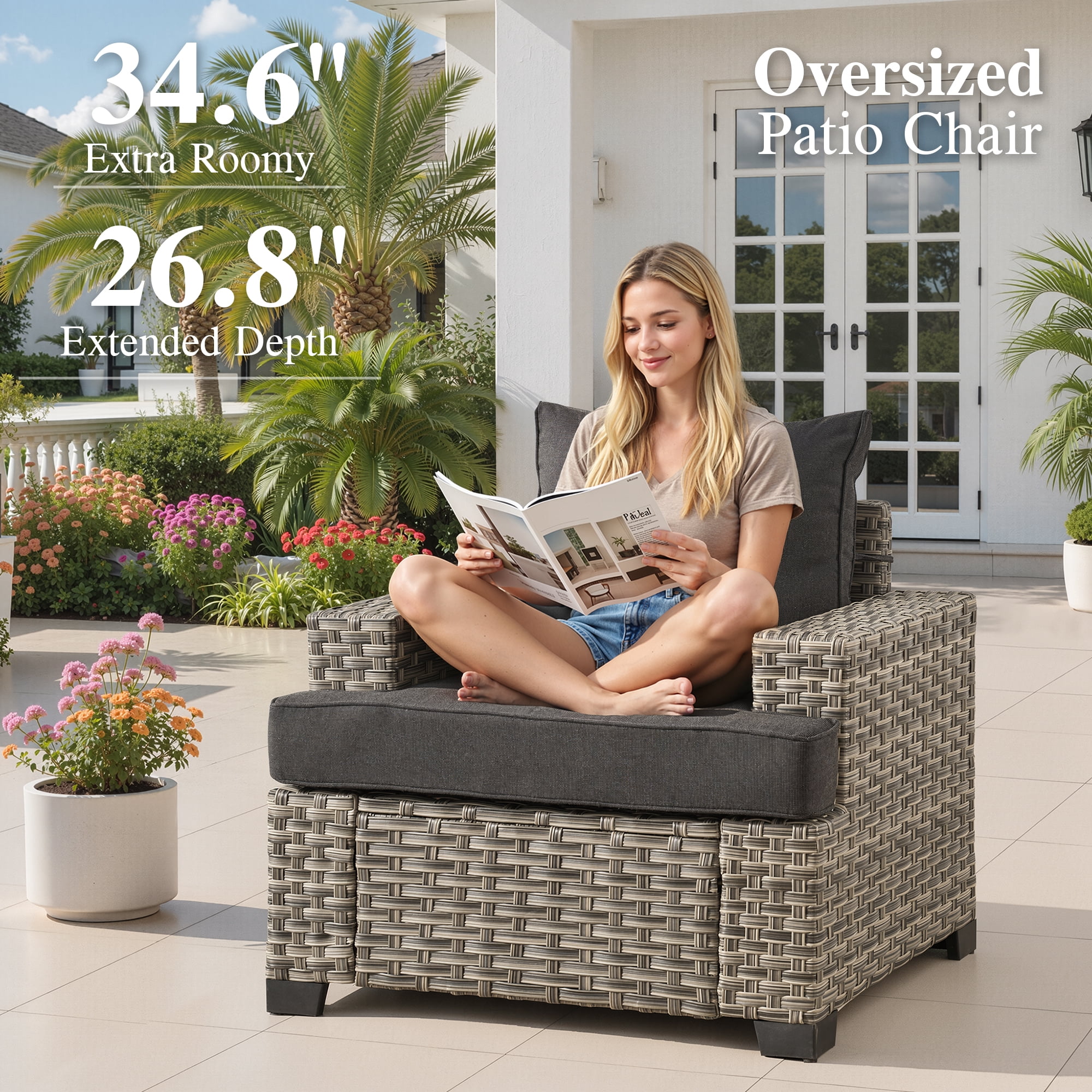 Ovios 7 Pieces Outdoor Patio Furniture Set All-Weather Rattan Wicker Sectional Sofa and Chairs with Ottomans, Black