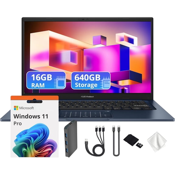 ASUS Vivobook 14" FHD Business Laptop, Intel i5-1334U, Intel UHD Graphics, 16GB RAM, 640GB Storage (512GB SSD&128GB Docking Station Set), Copilot, Webcam, Wi-Fi, Anti-Glare, Win 11 Pro, Blue