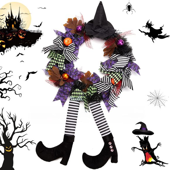Halloween Front Door Wreath Sign Witch's Hat And Legs Hanging Leg Pumpkin Maple Leaf Decor Unique Decoration