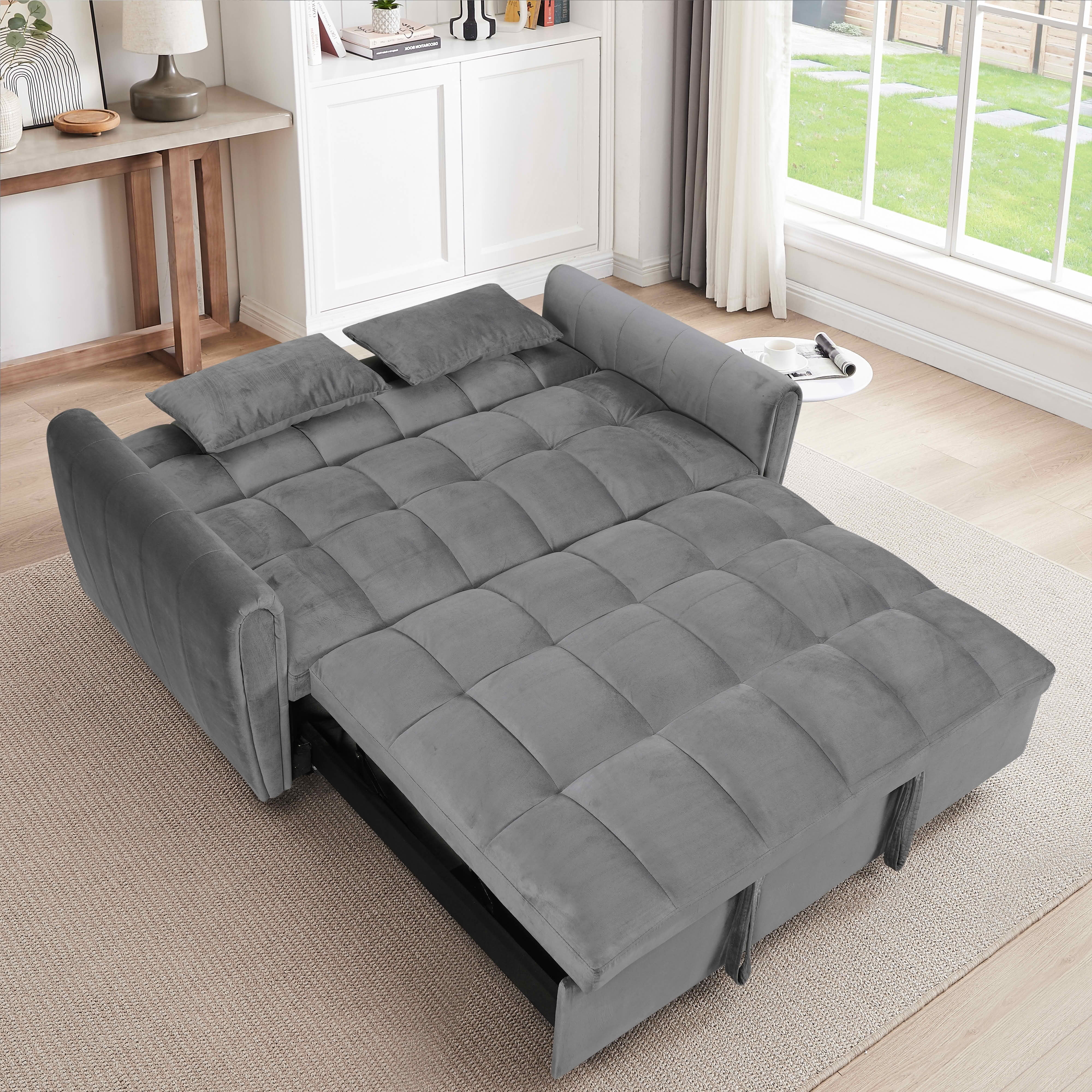 MAYEERTY Dark Gray Velvet 65" 3-in-1 Foldable Double Sofa Bed, Adjustable Back Convertible Futon Couch with Pillows