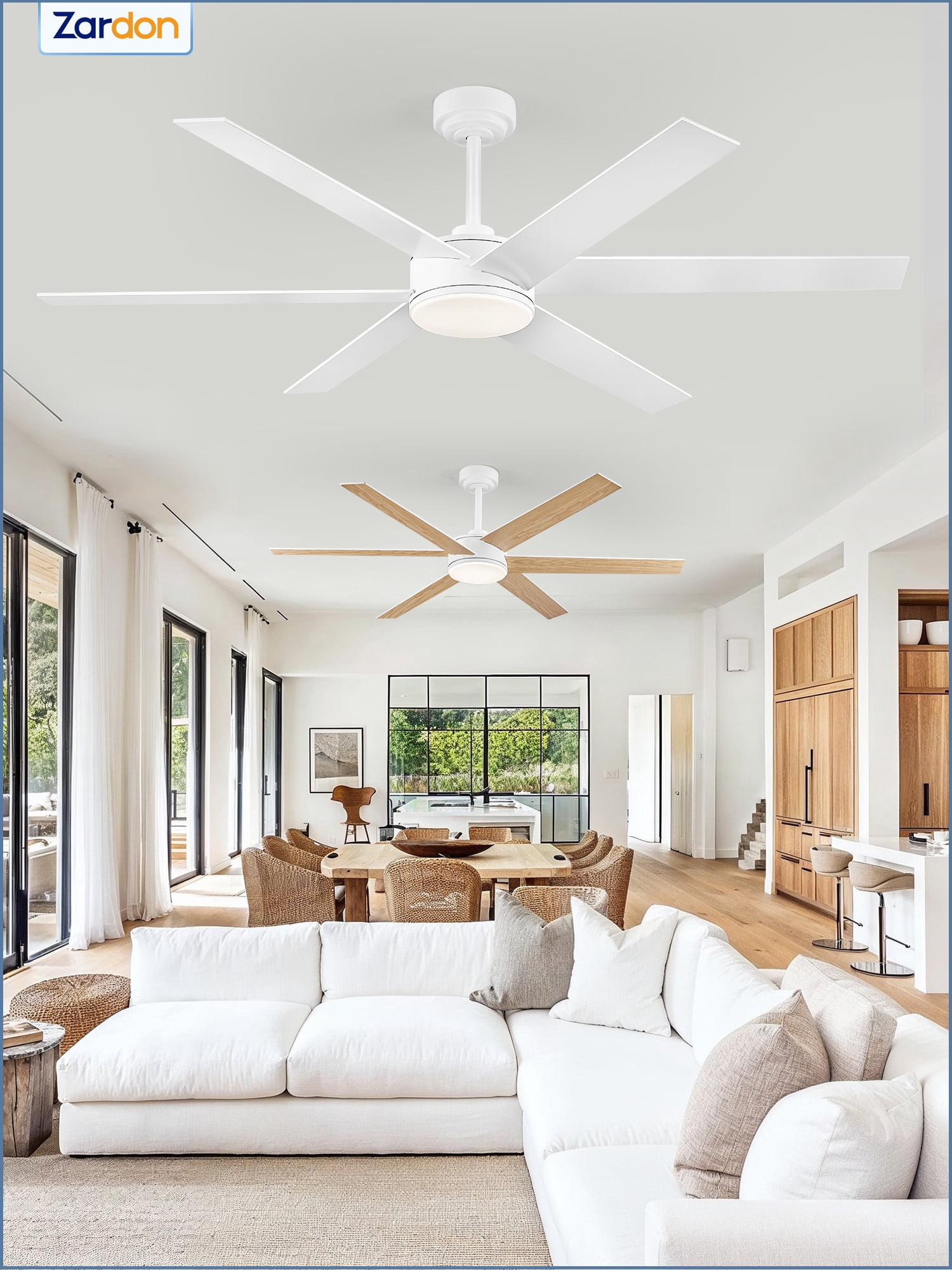 Zardon 60in Ceiling Fans with Light and Remote Control, Flush Mount Ceiling Fans with 6 Speeds Reversible, for Indoor, Outdoor, White
