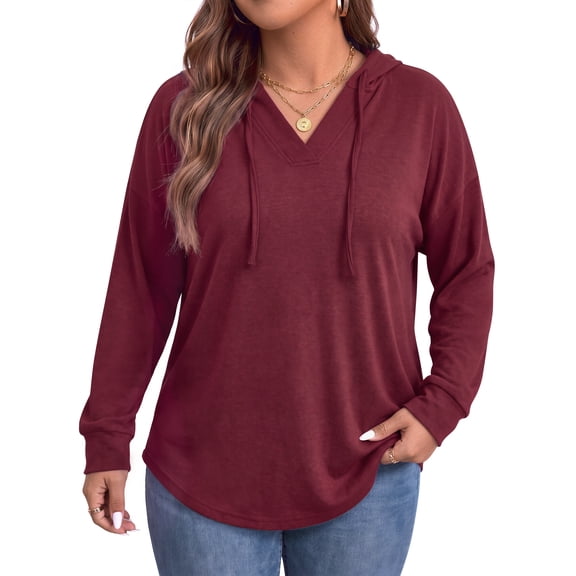 WellSize Plus Size Hoodies for Women V Neck Pullover Sweatshirts Drawstring Long Sleeve Tops Loose Fit Fall Outfits