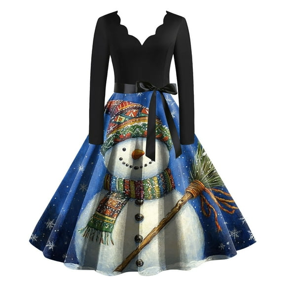 TJAZFJPA Sweetheart Neckline Dress Christmas Day Ladies Christmas Tree Snowflake Print Style Round Neck Long Sleeve Dress Dress for Wedding Guest Backless Dresses for Women