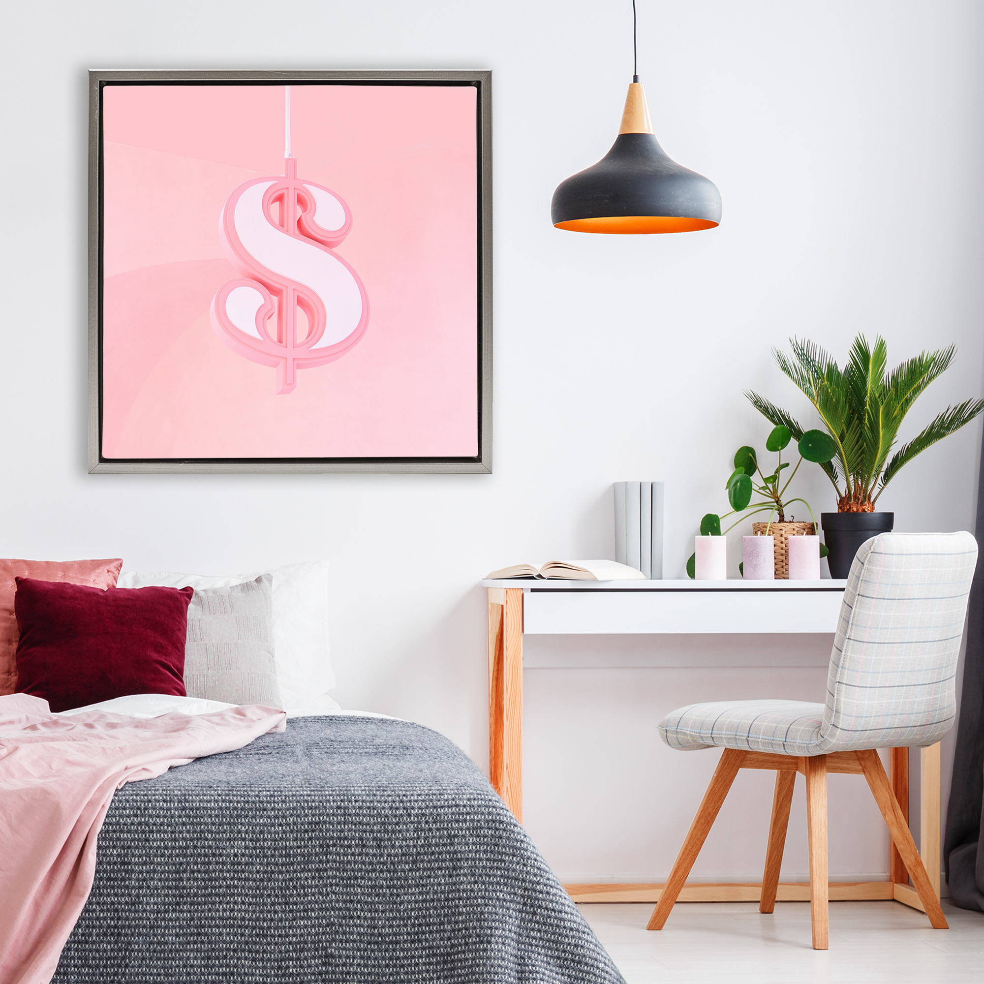 Pink Pastel Dollar Sign Gray Framed Floater Canvas Wall Art, design by LISH Creative