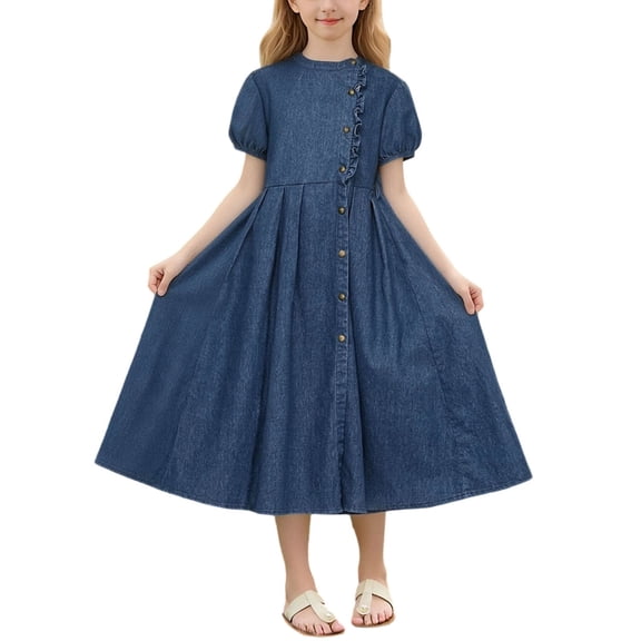 BFHHYA Girls Denim Maxi Dress Botton Down Puff Short Sleeve Shirt Dress Casual A Line Flowing Dress for Girls Size 8-14 Years