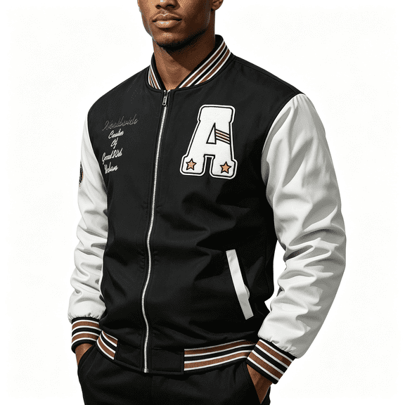 TOMVIGX Mens Casual Varsity Jacket Zip Front Long Sleeve Ribbed Collar Cuffs Hem Letter Patch Baseball Style Outerwear L Black
