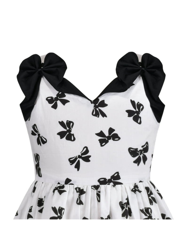 Sunny Fashion Girl Dress Black White Bow Tie Sleeveless Sundress Cotton Butterfly 7 Years, Girl's