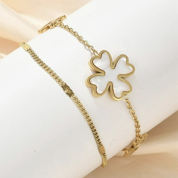 2 pc 304 Stainless Steel Shell Pearl Pendant Multi-strand Bracelets Cable & Curn Chain Bracelets for Women Clover Charms Golden 6.57 inch(16.7cm)