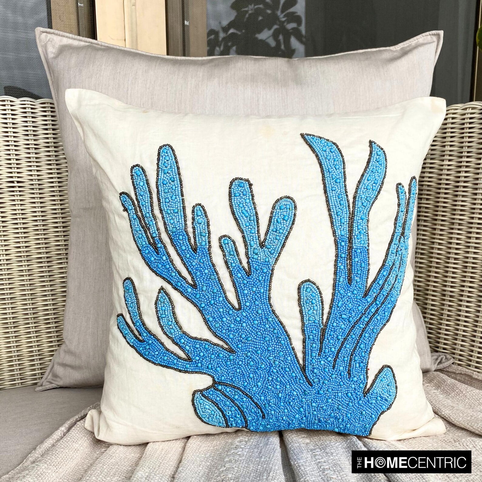 Throw Pillow Cover, Throw Pillow Cover For Couch, Aqua Blue 18x18 inch (45x45 cm) Beaded Coral Decorative Pillow Covers, Beach Style, Sea Creatures Pattern - Coral Treasure