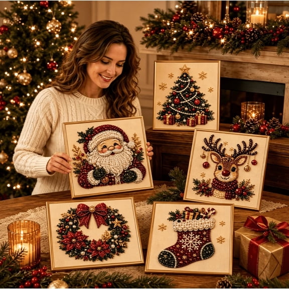 2026 DIY Christmas Pearl Diamond Painting Art Kit with Frame, Christmas Pearl Beads Art Craft for Adults & Beginners, Gemstone Diamond Dots Beads Painting for Home Wall Decor C