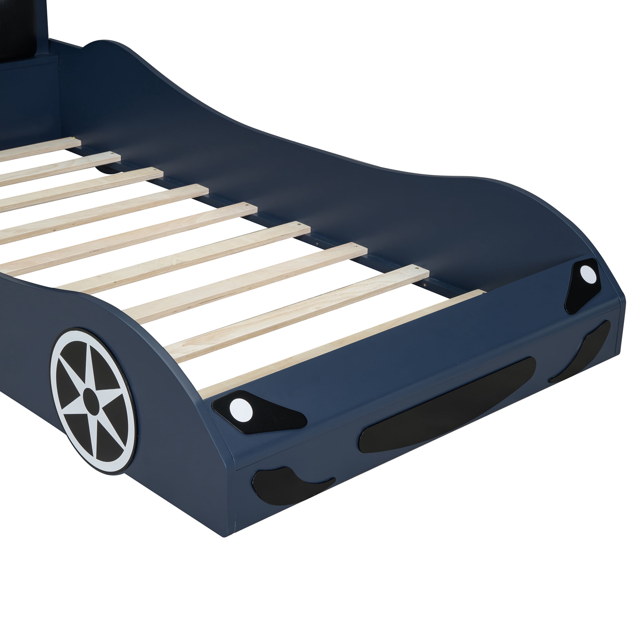 Noble House Linlyn Twin Size Wood Race Car Platform Bed with LED Lights and Upholstered Backrest, Blue