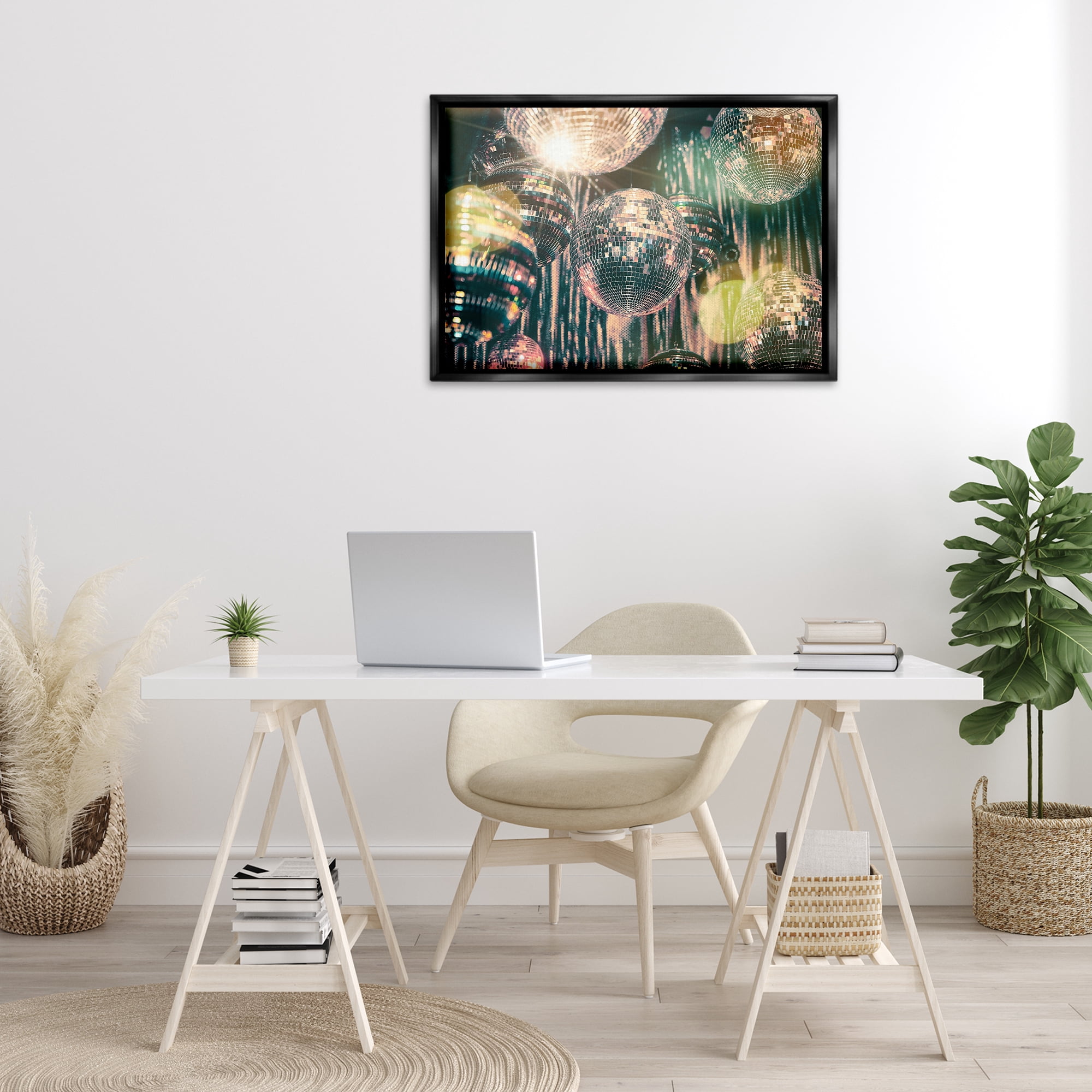 Stupell Industries Disco Balls with Bokeh Fashion Painting Black Floater Framed Canvas Art Print Wall Art, 31 x 21