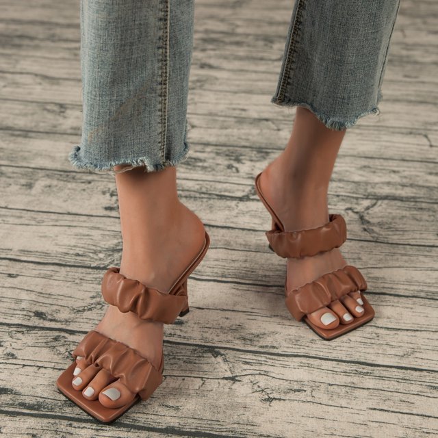 Zapatos de mujer Moda Color sólido Minimalista Cabeza cuadrada Sandalias de tacón plisado Zapatillas Chanclas Wmkox8yii hj789