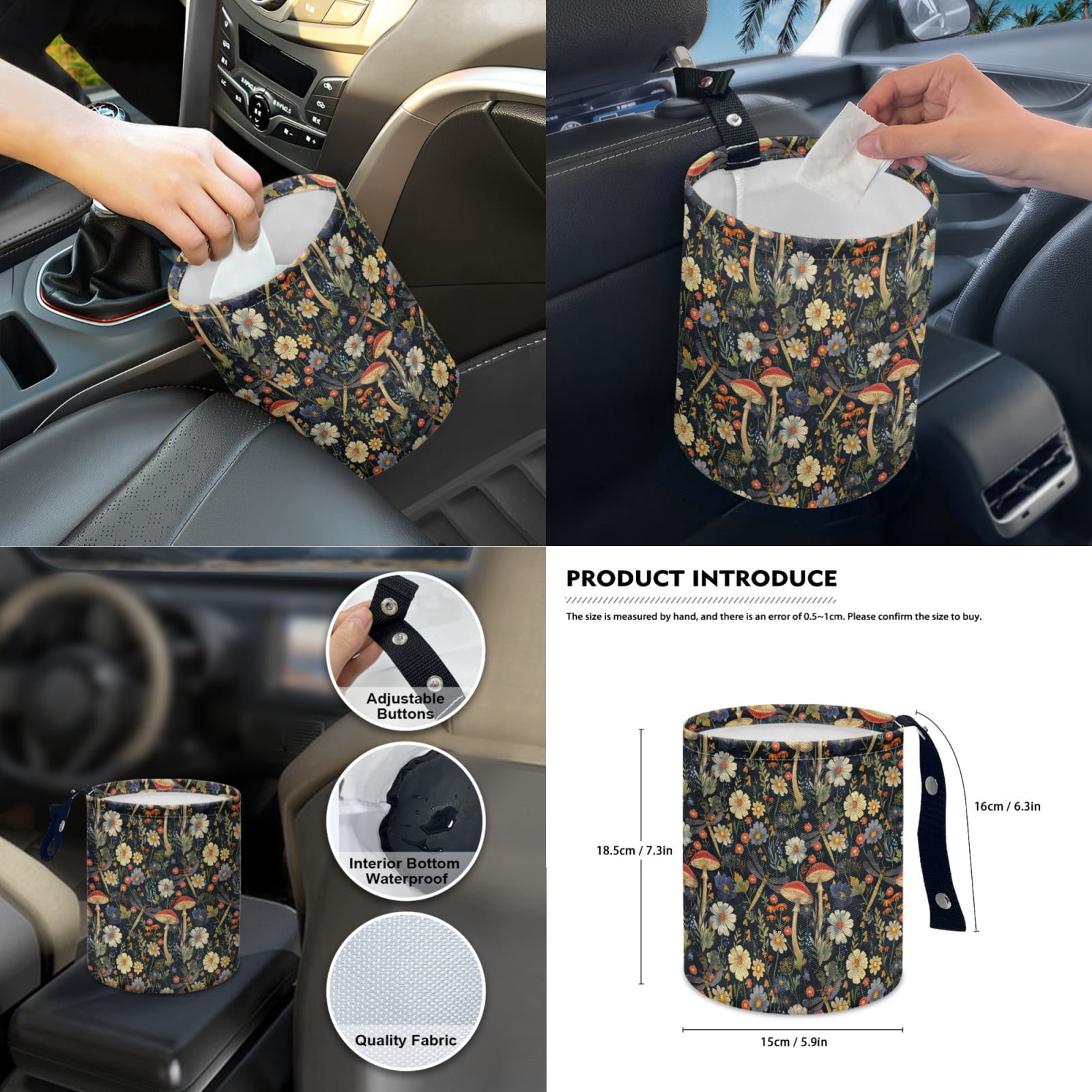 Jeiento Aesthetic Mushroom Car Seat Covers Front Rear Full Set Steering Wheel Cover Seat Belt Pads Coasters Waste Bin Armrest Cover Cup Holders Rearview Mirror Cover Handbrake Cover Set, 14 PCS