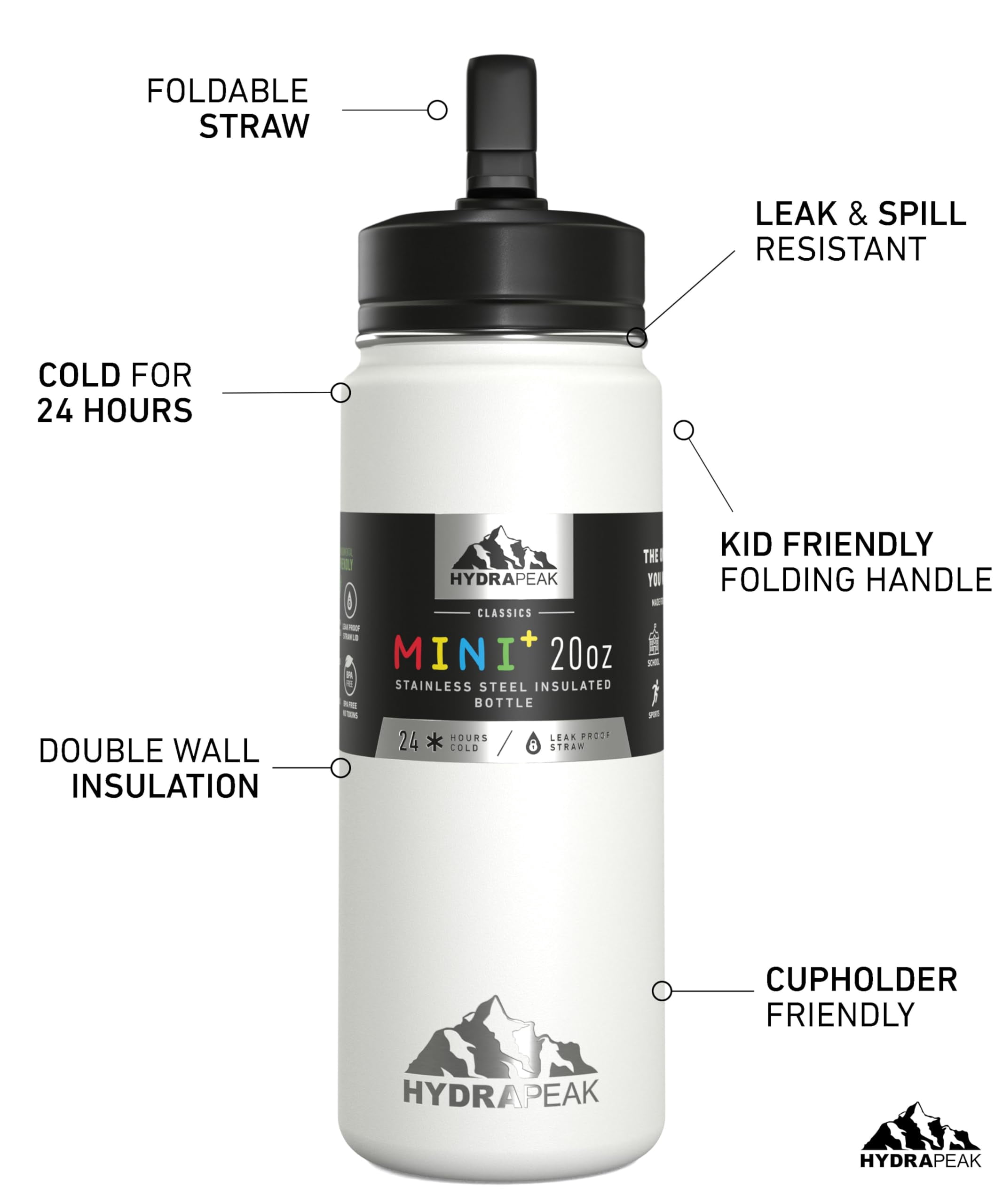 Hydrapeak Mini 20oz Kids Water Bottle with Straw Lid, Stainless Steel Double Wall Insulated Water Bottle for Kids | Leak-Proof and Spill-Proof Kids Water Bottle for School, Cold for 24 Hours (White)