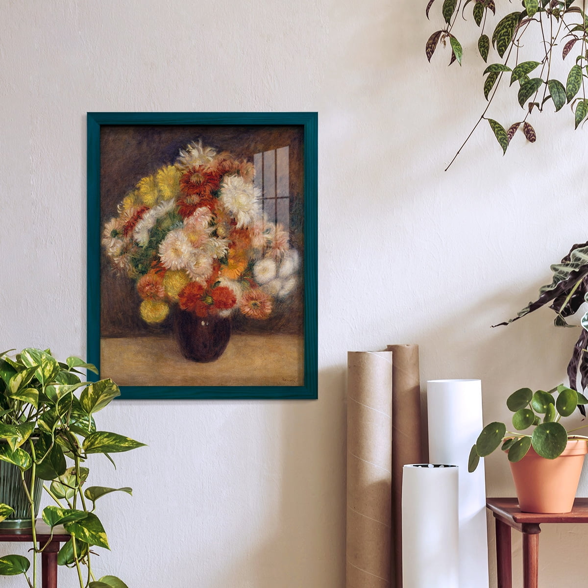 Bouquet of Chrysanthemums -Framed Print w/glass-Ocean Blue