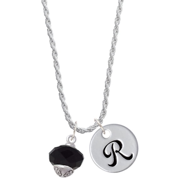 Delight Jewelry Silvertone Black Faceted Glass Spinner Silvertone Script Initial Disc - R - Charm Necklace, 20"+3"