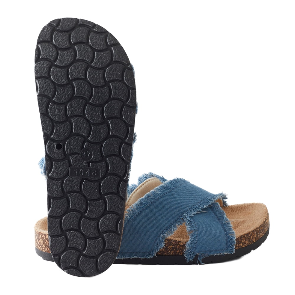 Roxoni Women’s Cross Strap Slide Sandals Denim Open Toe Comfort Slippers Cork Footbed Casual Summer Indoor Outdoor Footwear