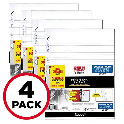 3 Hole Punched 170012 White 6 Pack 100 Sheets/Pack Five Star Loose Leaf Paper Study App Reinforced Filler Paper 11 x 8-1/2 College Ruled Paper 