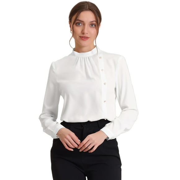 Blusa elegante de manga larga para oficina y trabajo con cuello levantado para mujer blanco XL