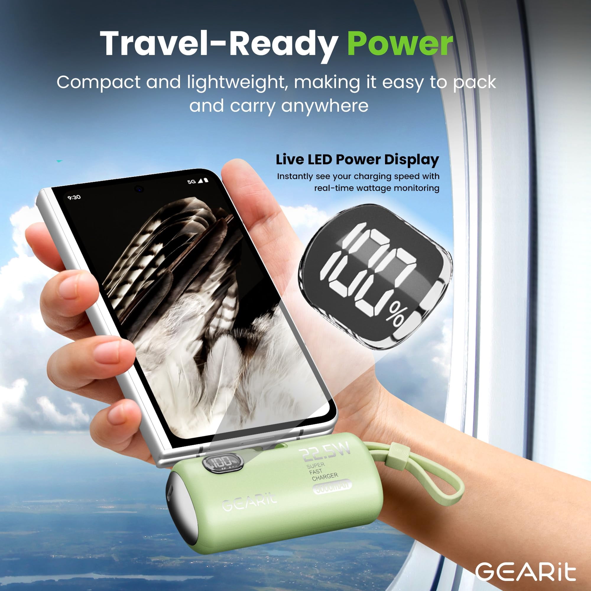 GEARit Dual Output 5000mAh Power Bank - Small Battery Pack with USB-C and Lightning Connectors, Battery Display - Compact Portable Charger
