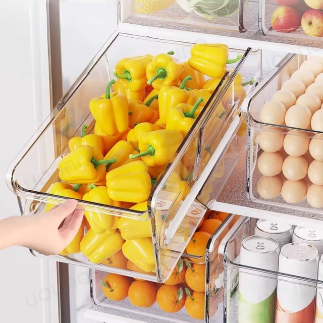 Refrigerator Egg Storage Drawer Style Container, Double Layer Large Capacity Freshness Box for Kitchen, Transparent PET ABS Organizer for Fruit Vegetable, Stackable Fridge Bin with U Shaped Opening