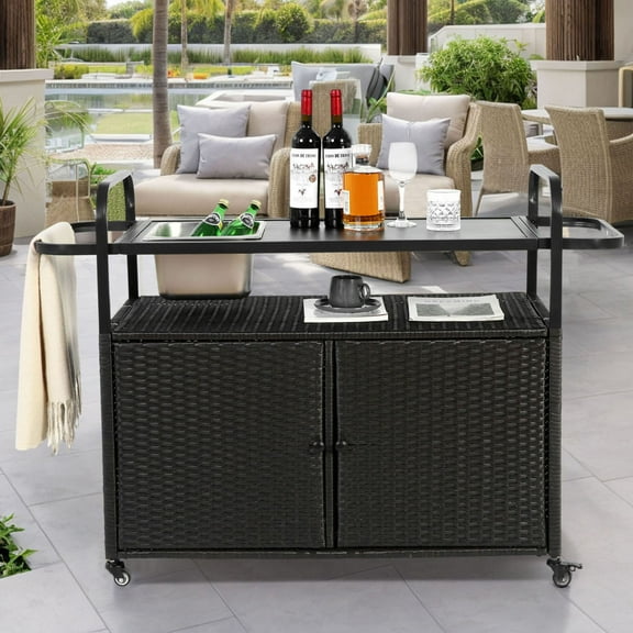 Outdoor Bar Table Wicker Bar Cart with Cabinet and Steel Top Featuring Ice Bucket Lockable Wheels Side Basket for Garden Patio Poolside and Backyard