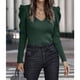 thumbnail image 2 of Suéter Otoño Invierno Cuello En V Color Puro Puff Manga Larga Moda Delgado Casual Mujer Suéter para Exterior Interior Verde Negruzco M, 2 of 6