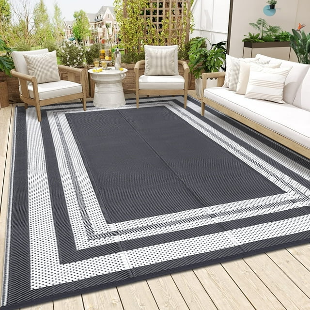 Gavee Tapis d'Extérieur Imperméable 9 Pieds X 12 Pieds, Tapis de Patio Réversible pour Intérieur et Extérieur, Tapis Moderne Géométrique en Plastique pour VR, Camping, Terrasse, Balcon, Porche, Pique-Nique, avec Sac de Rangement, Gris et Blanc