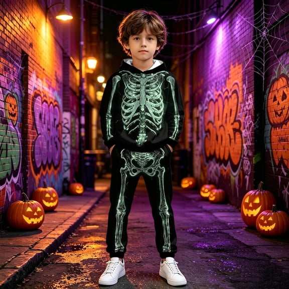 RUTAYY Boys Halloween 2 Piece Outfit Long Sleeve Hoodie and Sweatpants Skeleton Print with Pockets Casual Holiday Wear Black