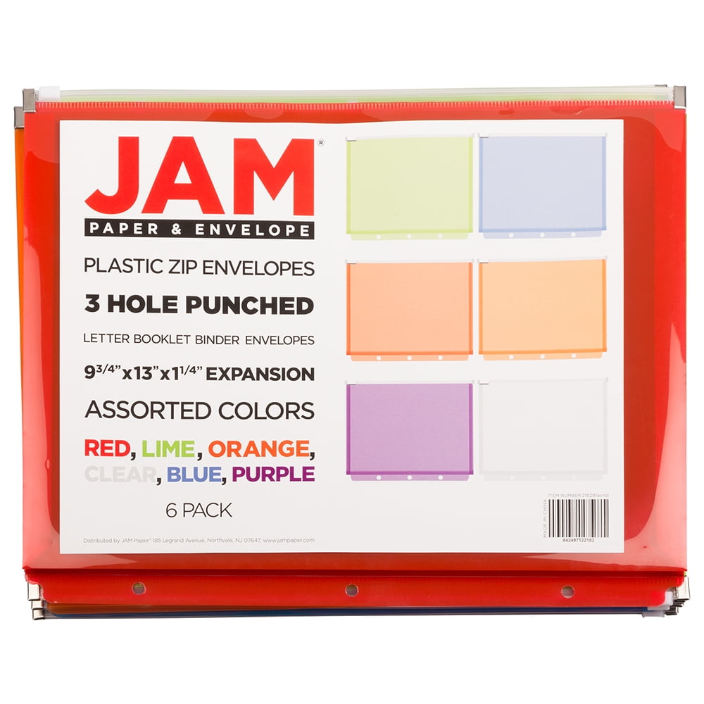 JAM Paper Plastic 3 Hole Punch Zip Envelopes, 9 3/4 x 13, Assorted Multicolor, 6 per Pack