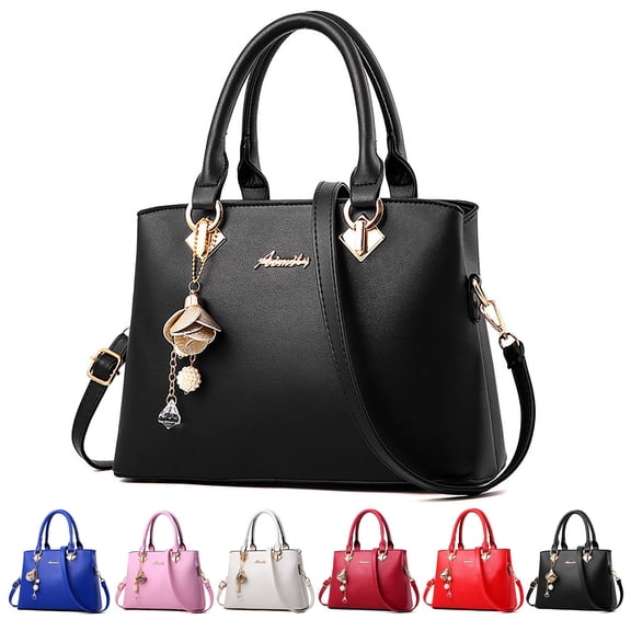 Stylago Women Purses and Handbags Flower Pendant Top Handle Tote Bags Fashion Leather Crossbody Messenger Work Shoulder Bag Black