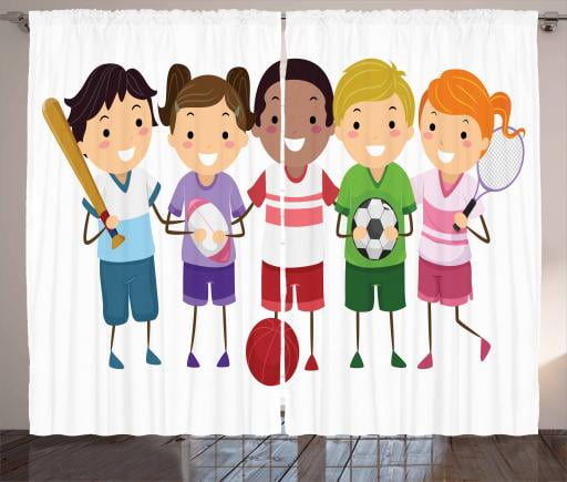 Kids Sports Curtains 2 Panels Set Children Team Playing Football