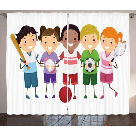 Kids Sports Curtains 2 Panels Set Children Team Playing Football