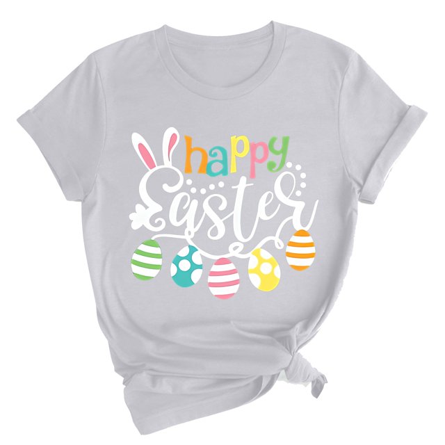 Pxiakgy Liquidation! T-Shirts de Pâques pour Femmes T-Shirt Lapin Heureux Col Rond Tee-Shirt Graphique Œuf de Pâques Hauts Graphiques de Vacances Mode Col Rond Imprimé de Pâques Manches Courtes T-Shirt Gris TG