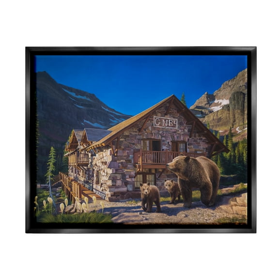 Stupell Industries Bears & Lodge Scenery Landscape Painting Black Floater Framed Canvas Art Print Wall Art, 21 x 17