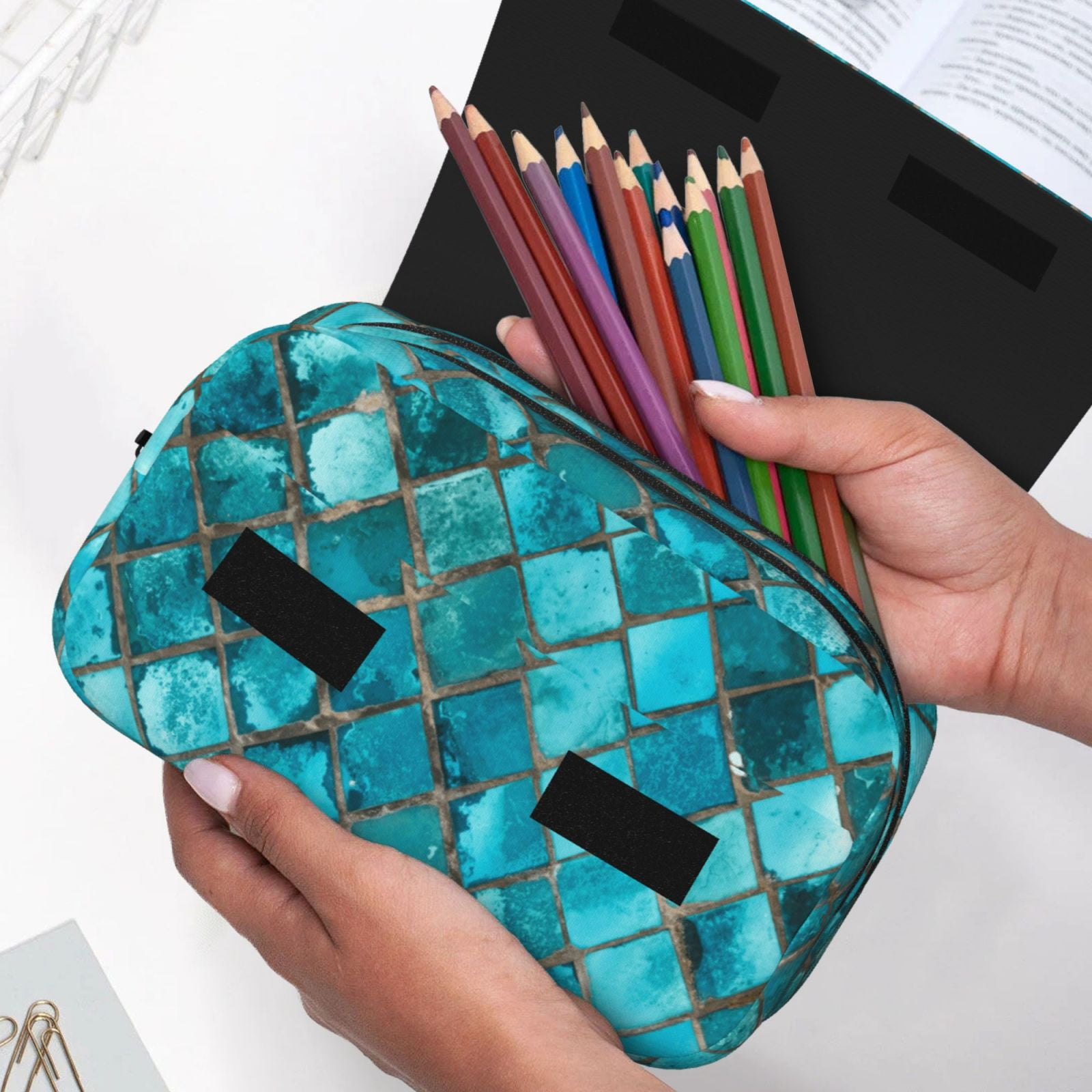 Rateoe Square Glass Mosaic Pattern Double Clamshell Pen Case, Storage Organizer with Two Zipper Compartments– Holds Up to 50 Pencils & Pens