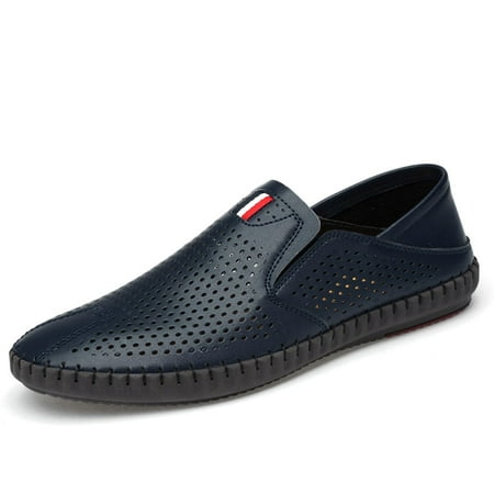 Men s leather hollowed out breathable loafers  fashionable round toe soft soled flat sandals  formal business casual comfortable work shoes