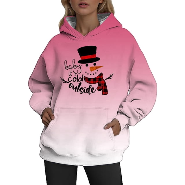 WEAIXIMIUNG Sweatshirts Col Rond Femmes Designs Mignons Sweatshirts de Noël Dégradé Imprimé Lettres Décontracté Ample Col Rond à Capuche Manches Longues