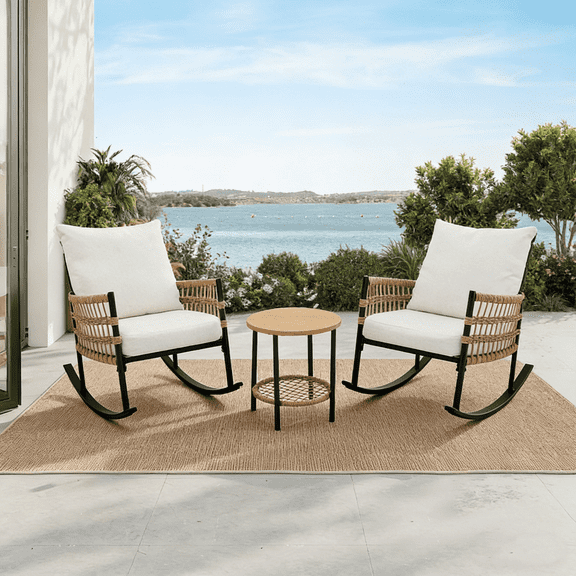 LAUSAINT HOME 3-Piece Outdoor Rocking Set, Patio Bistro Set with Wicker Chairs & Table, Beige Cushions