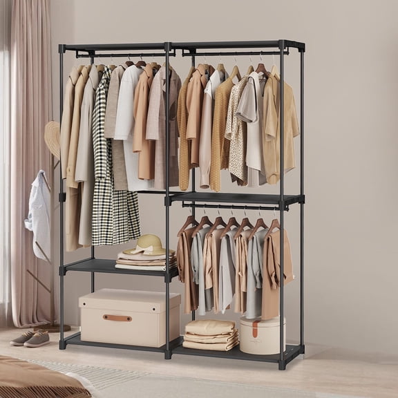 LEDREM Freestanding Closet Organizer with 3 Hanging Rods & Shelves , Portable Wardrobe Rack for Bedroom Cloakroom Entryway , Tool-Free Assembly , Black