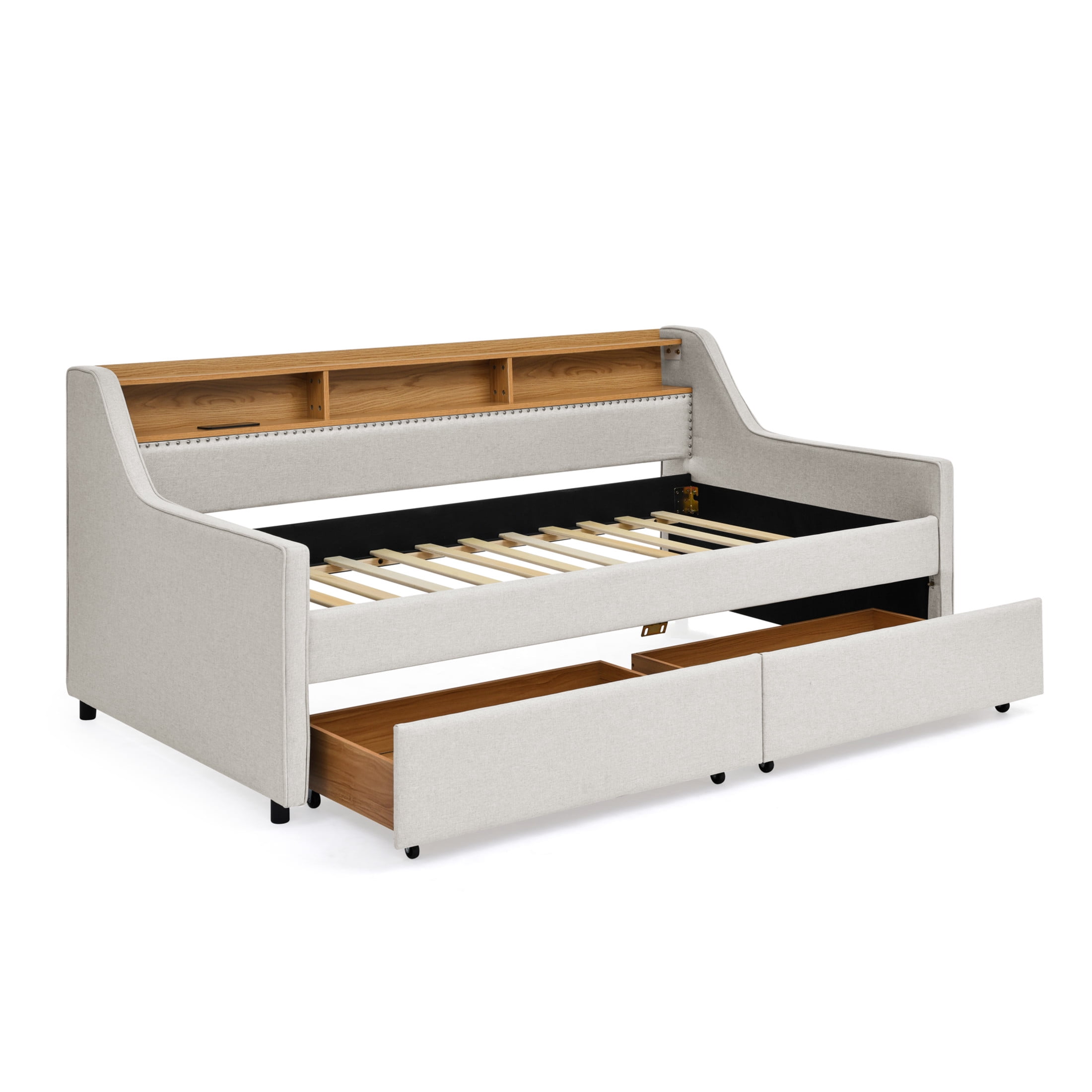 Noble House Zerra Twin Size Upholstery Sofa Bed, Linen  Padded Daybed Frame with LED Lights Headboard & Drawer, Beige
