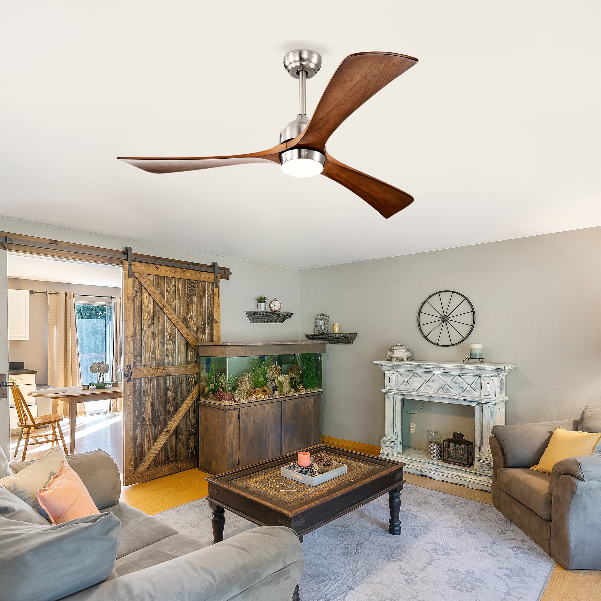 Ceiling Fan with Light, 52 Inch Solid Wood Blade Quiet Fan for Home Office Living Room, Stain Nickel