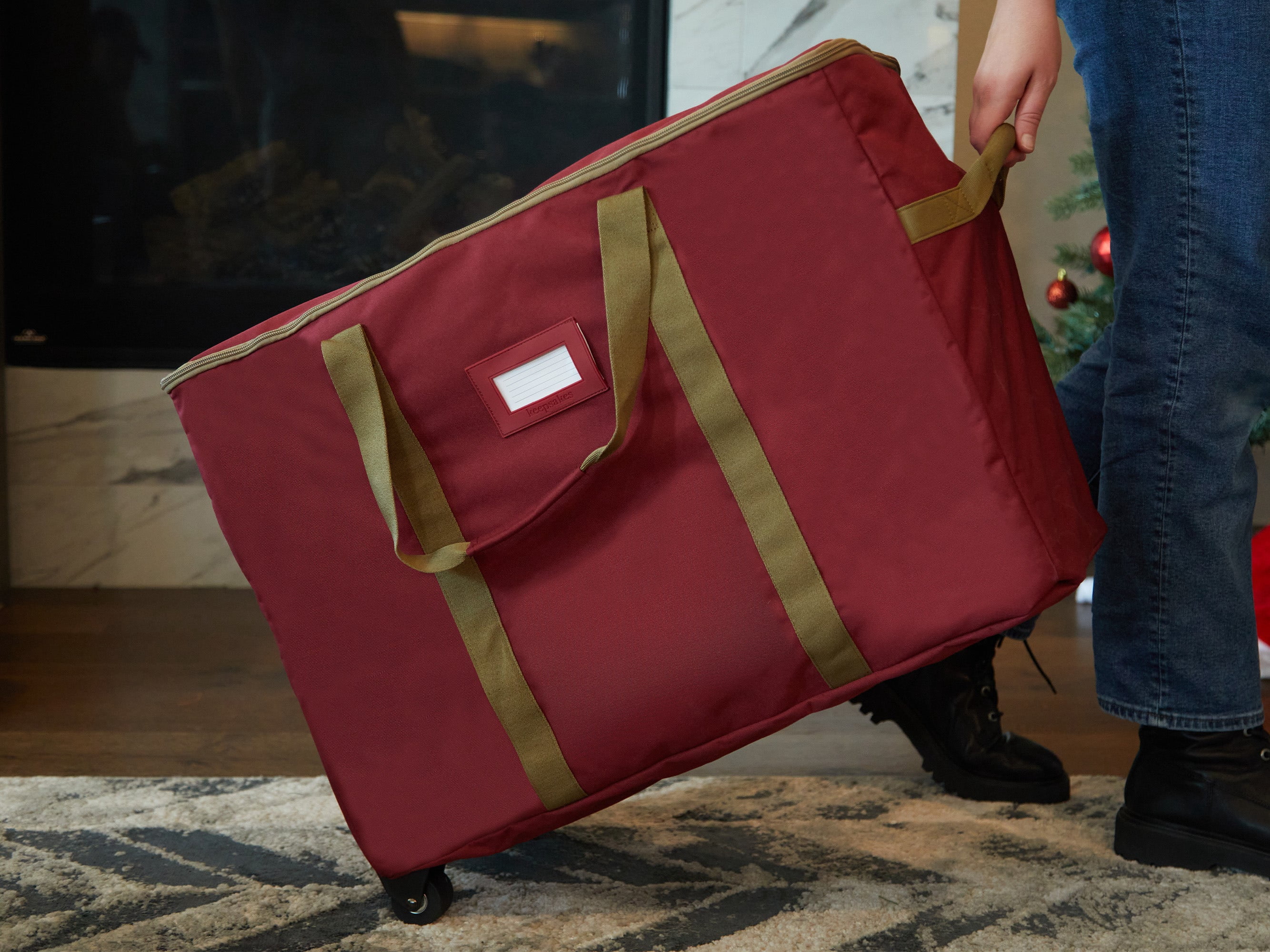 Covermates Keepsakes Rolling Treasurekeeper Storage Bag - Carrying Handles, ID Window, Dual Wheels - Holiday Storage, Red