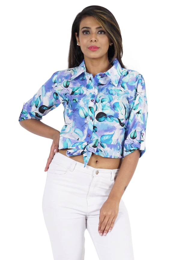 Women Casual Roll Up Sleeves Shirt Button Down Crop Top Tie Knot Front Top