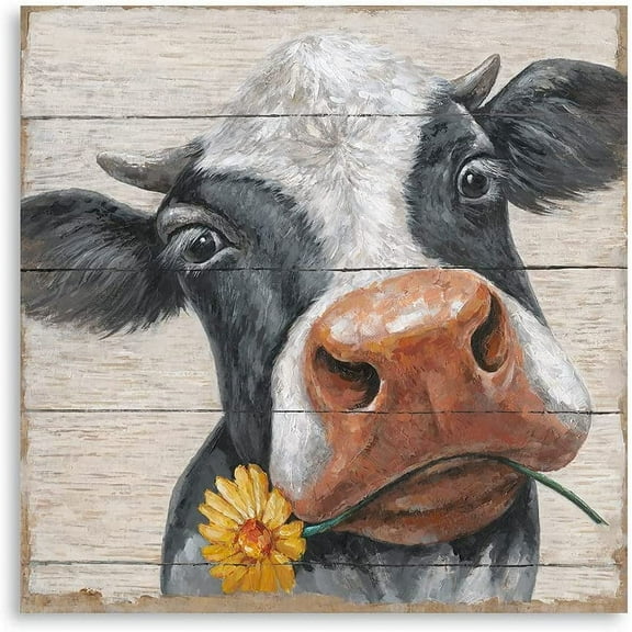 WFSposter Rustic Cow Pictures Wall Decor: Farmhouse Cow Canvas Wall Art Farm Animal Cow with Sunflower on Wood Panel Print Poster Room Decorations for Home Kitchen Bathroom Bedroom Nursery Framed